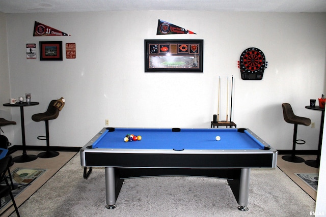 game room featuring light carpet and billiards