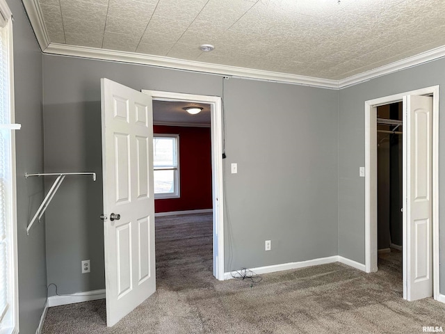 unfurnished bedroom featuring carpet floors, a spacious closet, ornamental molding, and a textured ceiling