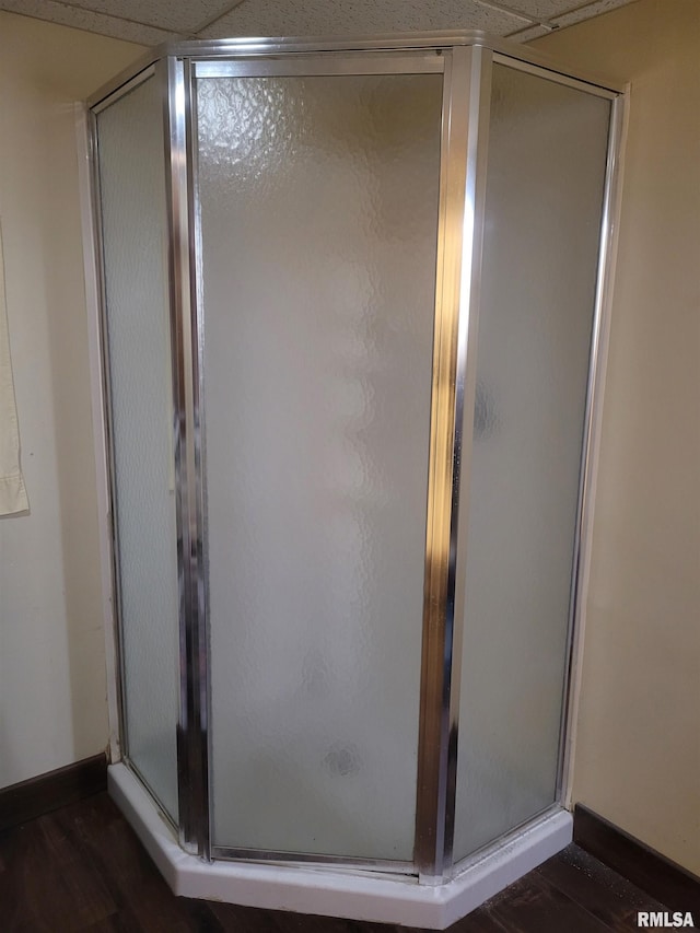 bathroom featuring a shower with door and hardwood / wood-style floors