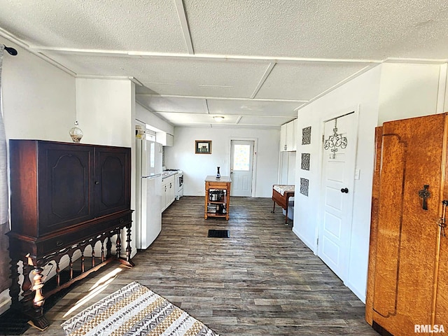 kitchen with white cabinetry, dark wood-type flooring, white fridge, and a textured ceiling