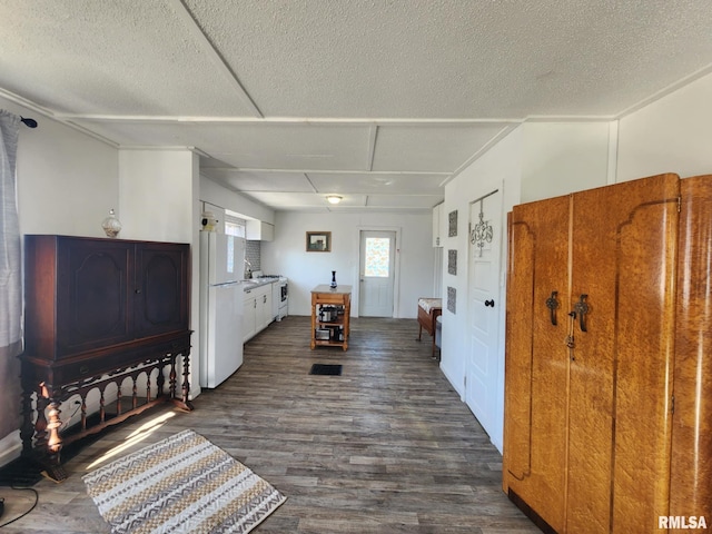 interior space with sink, dark wood-type flooring, white cabinetry, white refrigerator, and a textured ceiling