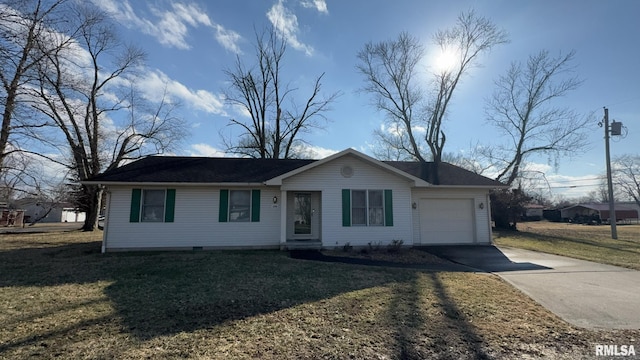 single story home with a garage and a front yard