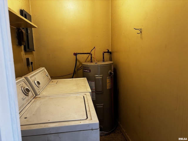 laundry room featuring electric water heater and washer and clothes dryer