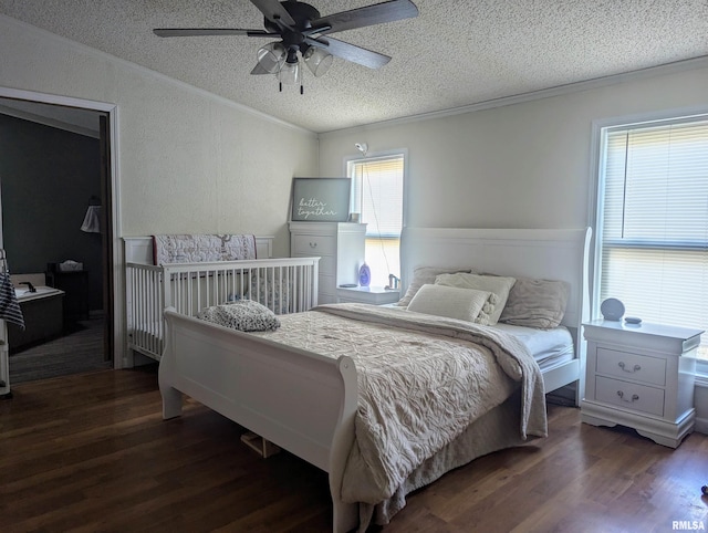 bedroom featuring multiple windows, ornamental molding, dark hardwood / wood-style floors, and a textured ceiling