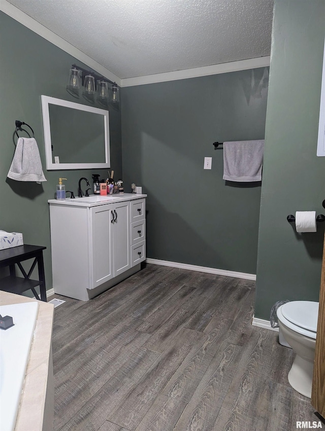 bathroom featuring crown molding, wood-type flooring, vanity, and a textured ceiling