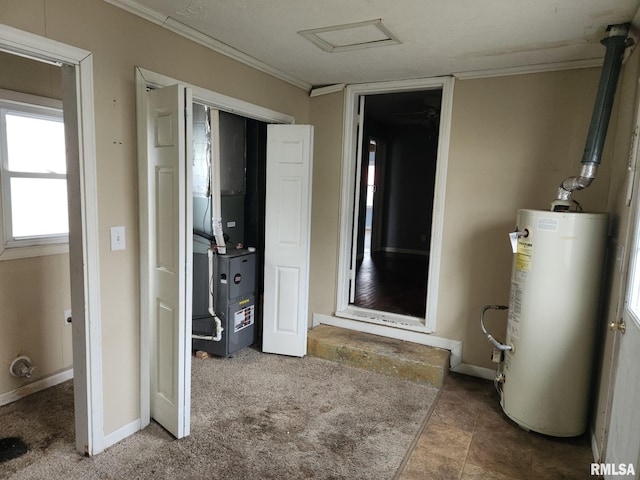 interior space featuring crown molding and gas water heater