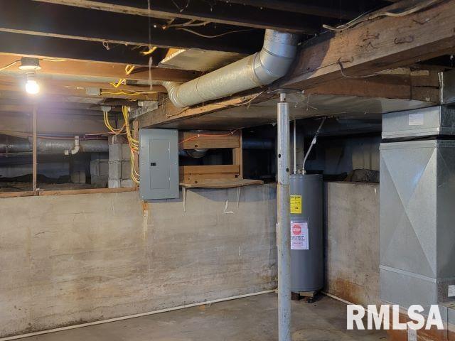 basement featuring heating unit, electric panel, and water heater