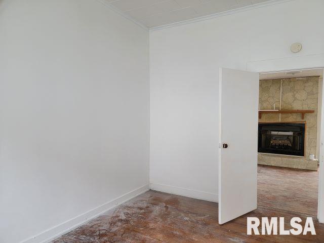 unfurnished room featuring crown molding and a fireplace