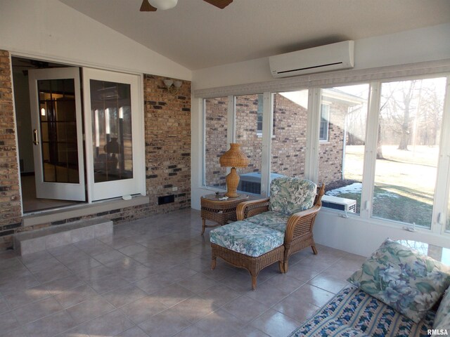 1723 Walnut Hill Rd, Centralia, IL 62801 - sunroom featuring an AC wall unit, ceiling fan, lofted ceiling, tile patterned floors, and brick wall