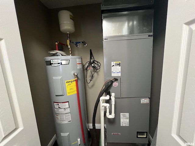 utility room with electric water heater and heating unit