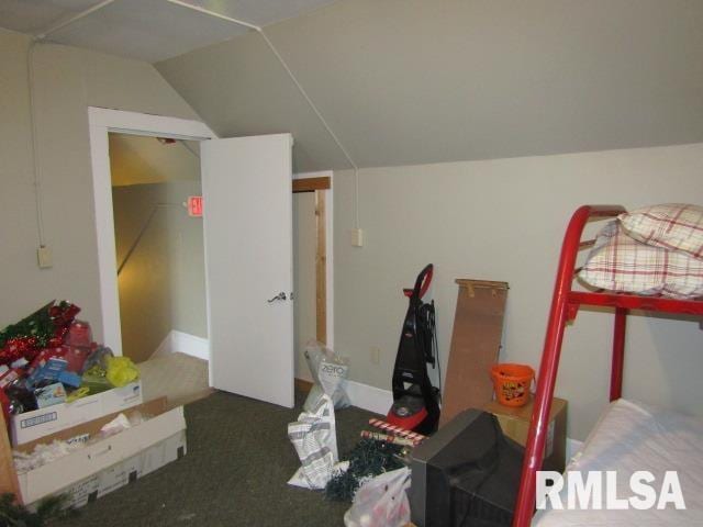 602 4th St, Rosiclare, IL 62982 - bedroom featuring dark carpet and vaulted ceiling