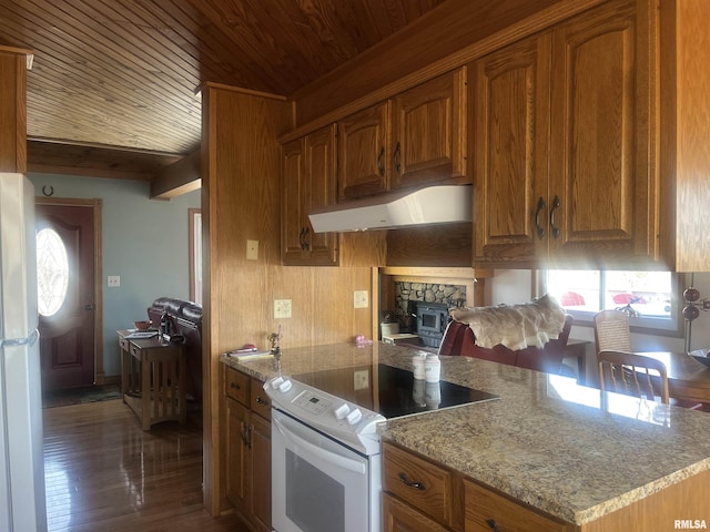 kitchen with wood ceiling, white appliances, light stone counters, a fireplace, and dark hardwood / wood-style flooring