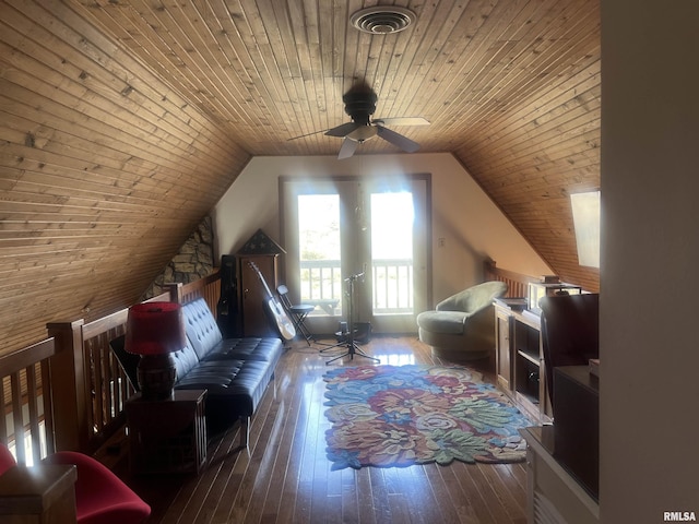 bonus room with lofted ceiling, hardwood / wood-style floors, and wooden ceiling