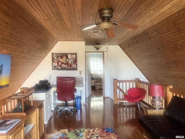 office space with ceiling fan, lofted ceiling, dark hardwood / wood-style floors, and wood ceiling