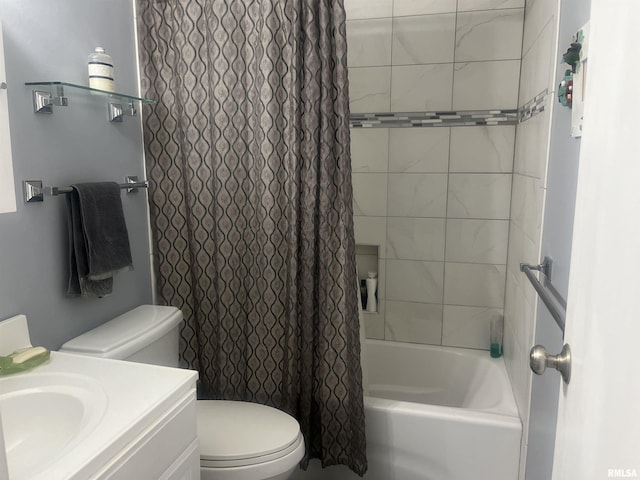 full bathroom featuring shower / bathtub combination with curtain, vanity, and toilet