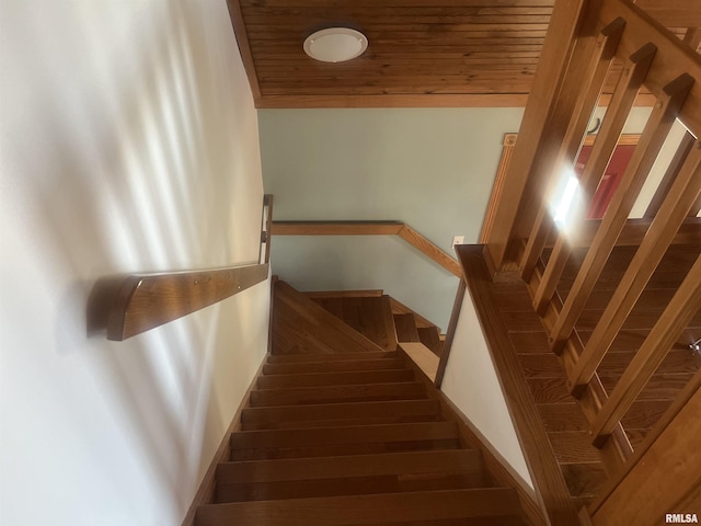 staircase featuring wood-type flooring and wood ceiling