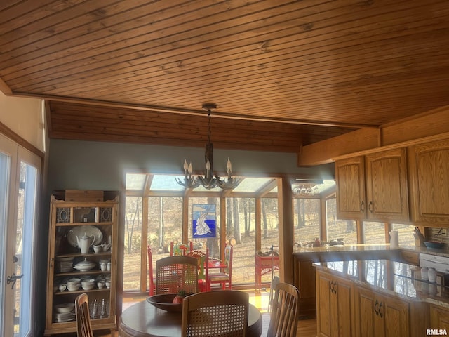 dining room featuring wooden ceiling and a notable chandelier