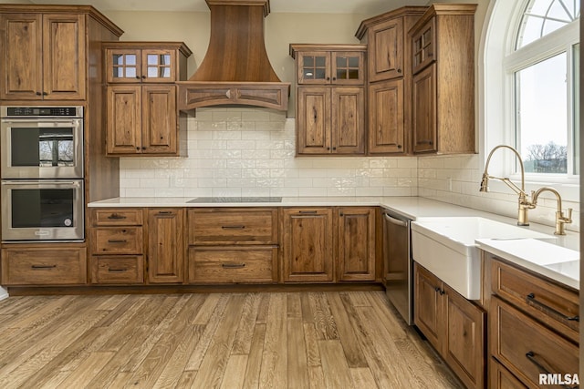 kitchen featuring premium range hood, tasteful backsplash, sink, stainless steel appliances, and light hardwood / wood-style flooring