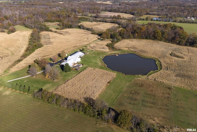 bird's eye view featuring a rural view and a water view