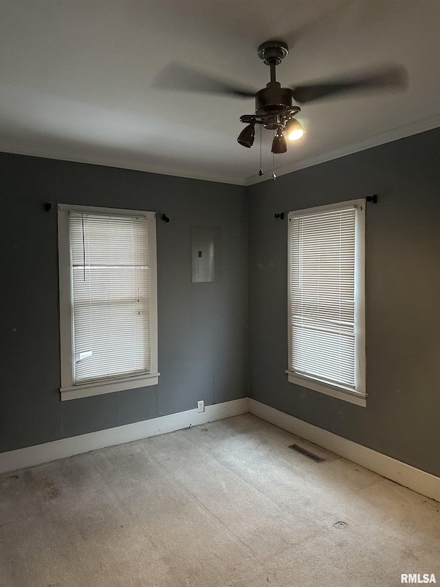 unfurnished room featuring ceiling fan, ornamental molding, electric panel, and light carpet