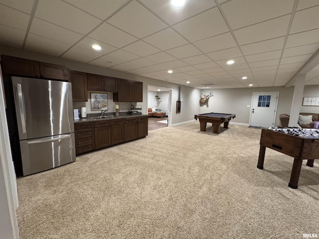 rec room with a paneled ceiling, sink, light carpet, and pool table