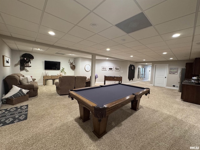 playroom with carpet floors, a paneled ceiling, and billiards