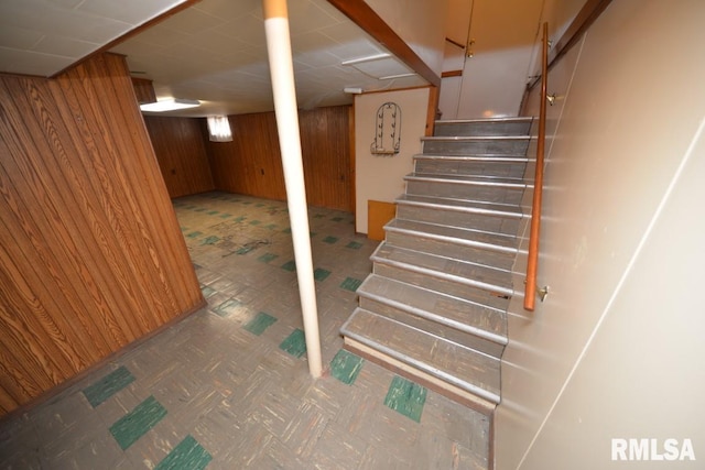 basement with wood walls