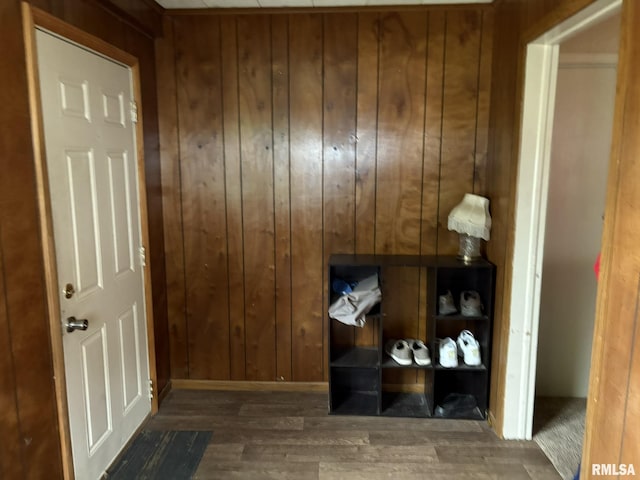 interior space featuring dark wood-type flooring and wood walls