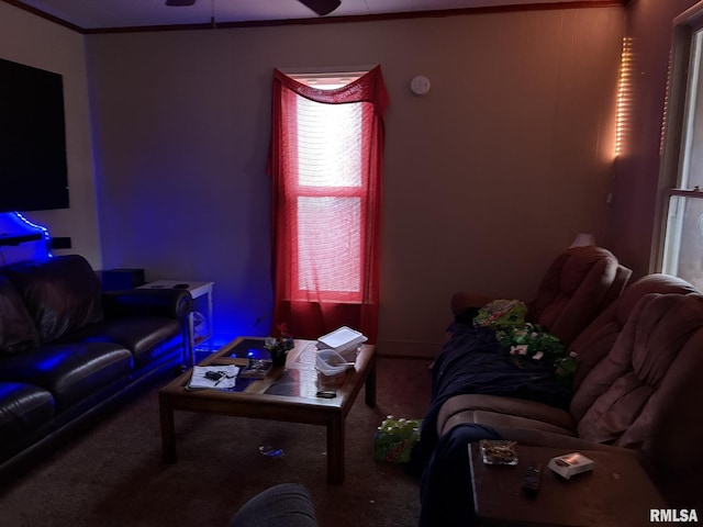 living room featuring ornamental molding, carpet flooring, and ceiling fan