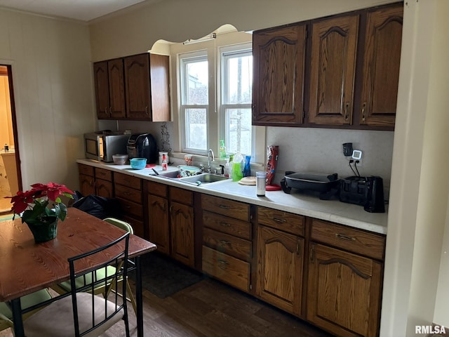 kitchen with dark brown cabinets, sink, and dark hardwood / wood-style flooring