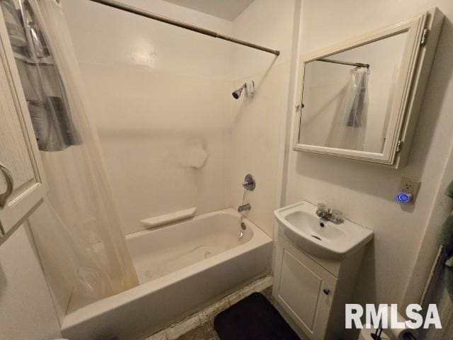 bathroom with vanity and shower / bath combination with curtain