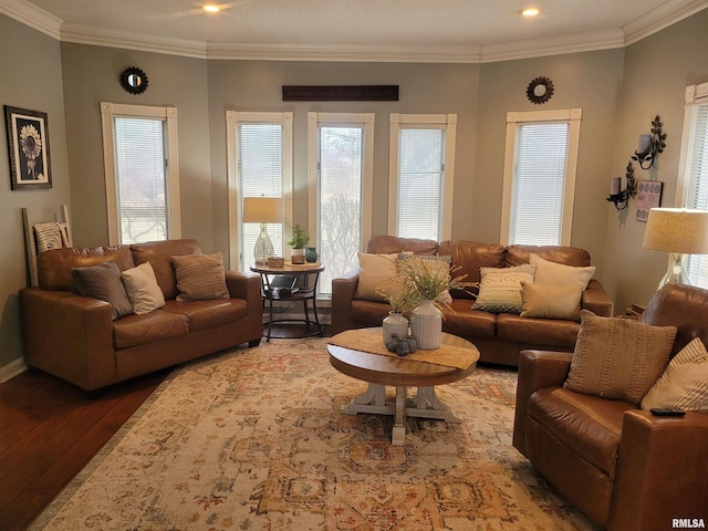 living room with hardwood / wood-style floors and crown molding