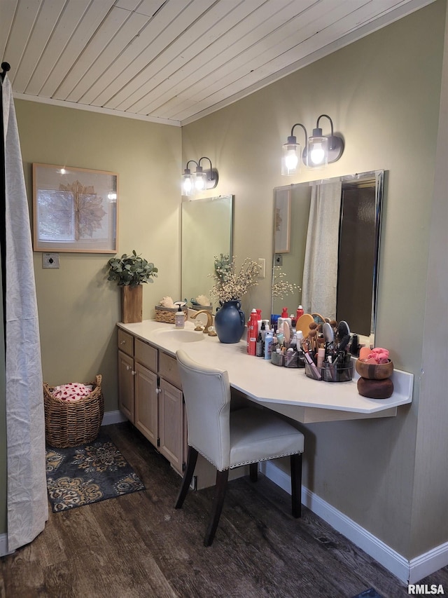 bathroom featuring vanity, wood ceiling, and wood-type flooring