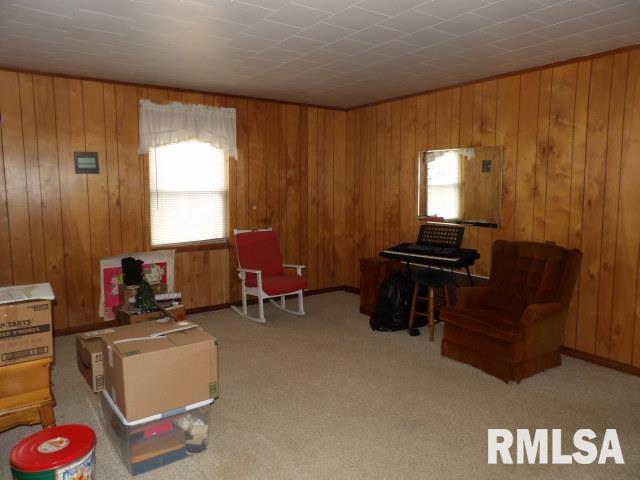 sitting room with light carpet and wood walls