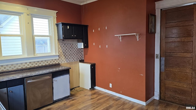 kitchen with stainless steel dishwasher, dark hardwood / wood-style floors, and backsplash