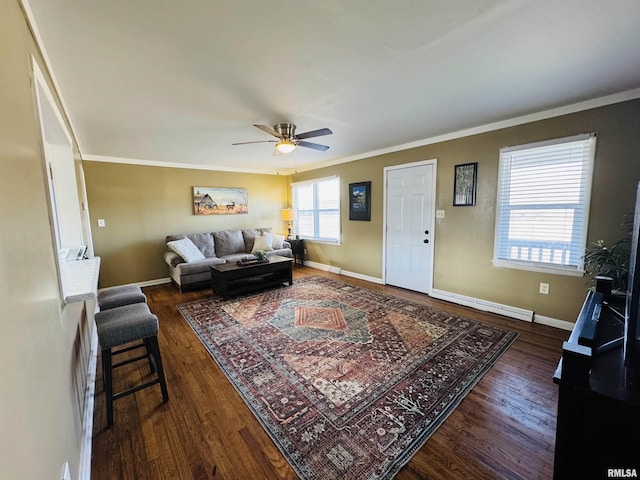 living room with ornamental molding, dark hardwood / wood-style floors, and ceiling fan