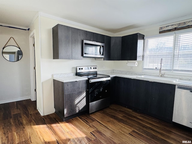 kitchen with appliances with stainless steel finishes, sink, and dark hardwood / wood-style floors