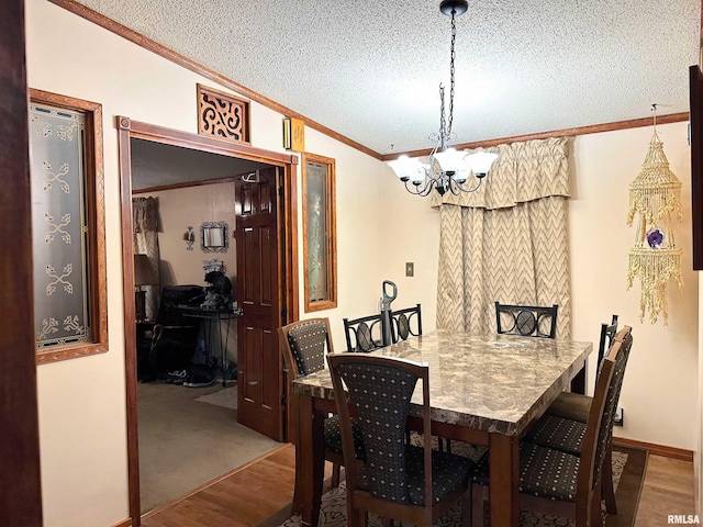 dining room with crown molding, vaulted ceiling, dark wood-type flooring, and a textured ceiling