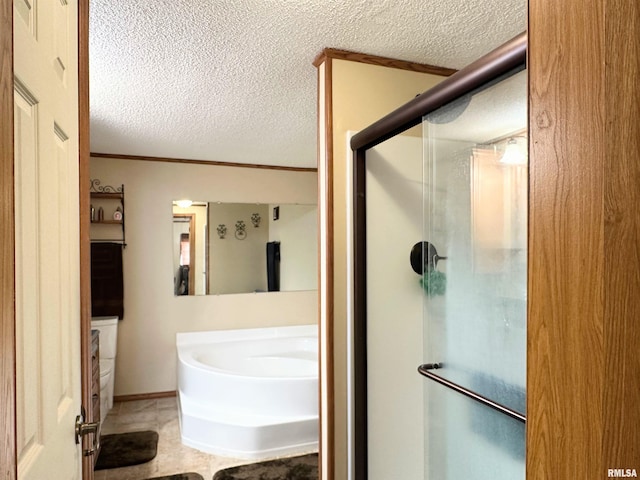 bathroom featuring ornamental molding, independent shower and bath, and a textured ceiling