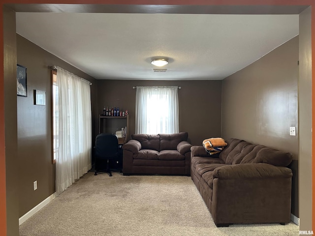 living room featuring light colored carpet