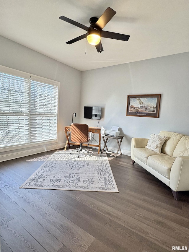 office with ceiling fan and hardwood / wood-style floors