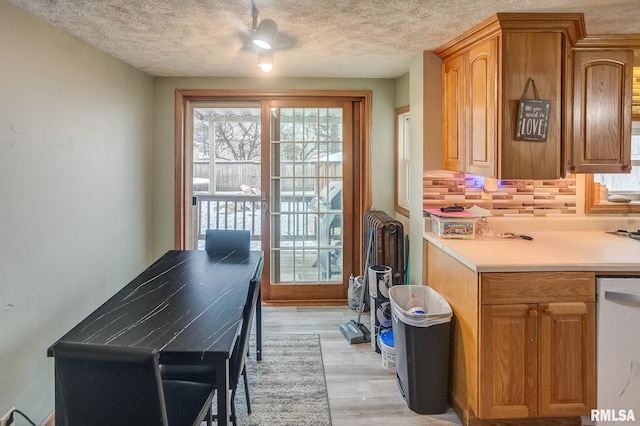 kitchen with white dishwasher, tasteful backsplash, a textured ceiling, and light wood-type flooring