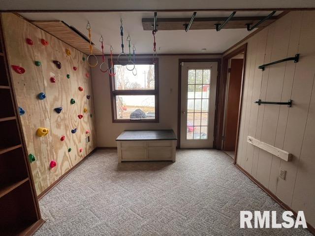 game room featuring light carpet and wood walls