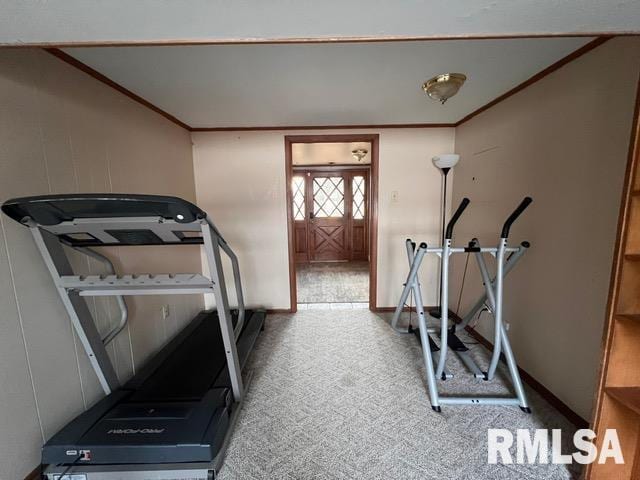 exercise area featuring crown molding and carpet flooring