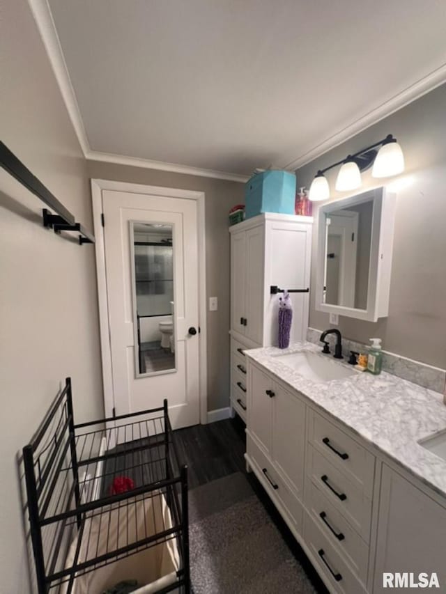 bathroom with vanity, crown molding, and wood-type flooring