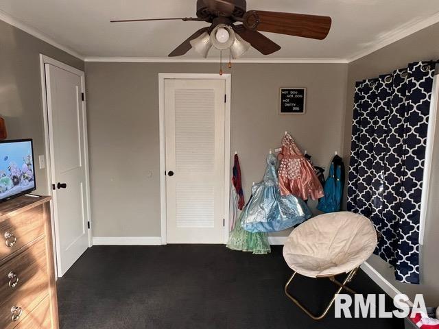 interior space with ornamental molding and ceiling fan