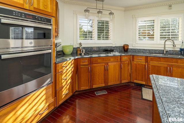 kitchen with stainless steel appliances, sink, dark stone countertops, and dark hardwood / wood-style floors