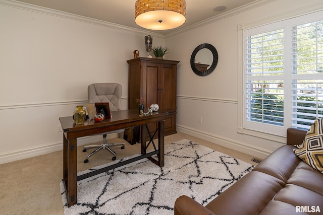 carpeted office space featuring a wealth of natural light and ornamental molding