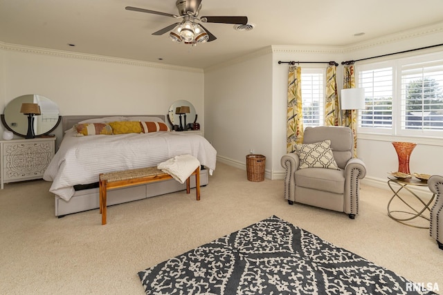 bedroom with light colored carpet, ornamental molding, and ceiling fan