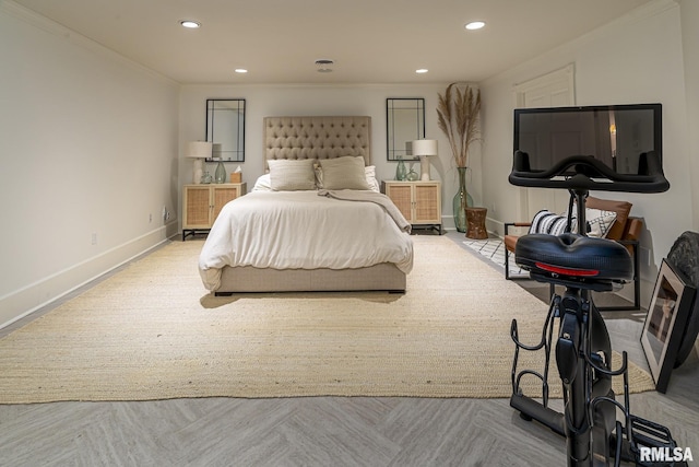 bedroom with crown molding